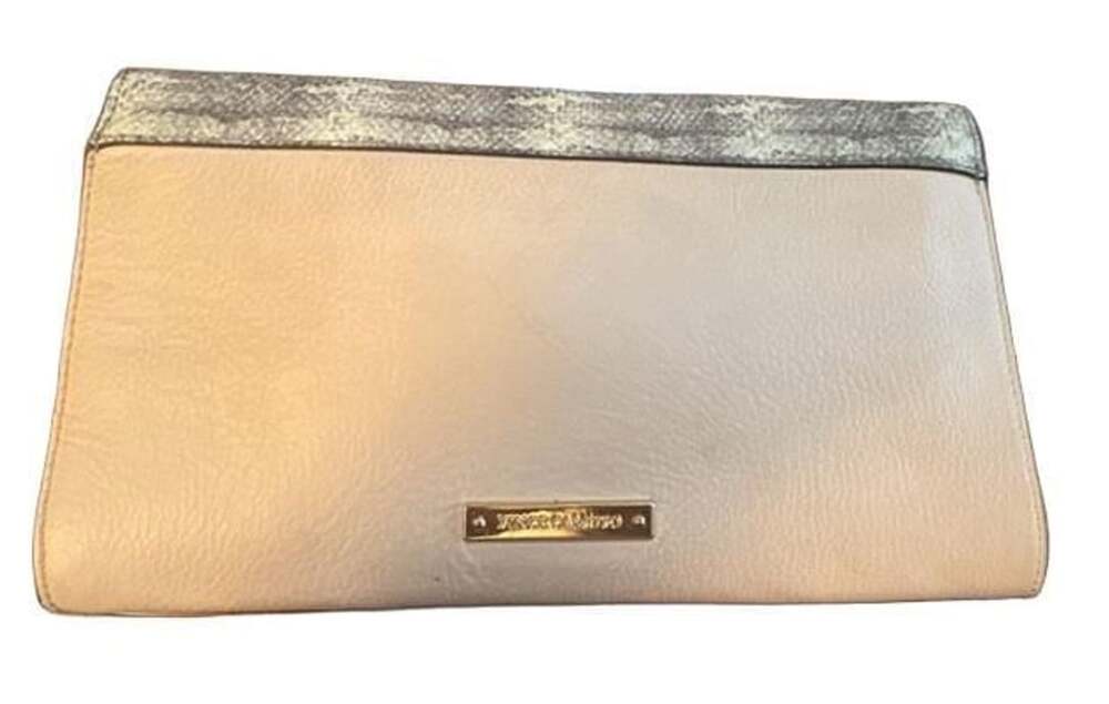 Vince Camuto Clutch Bag Beige Snakeskin Trim Gold Hardware